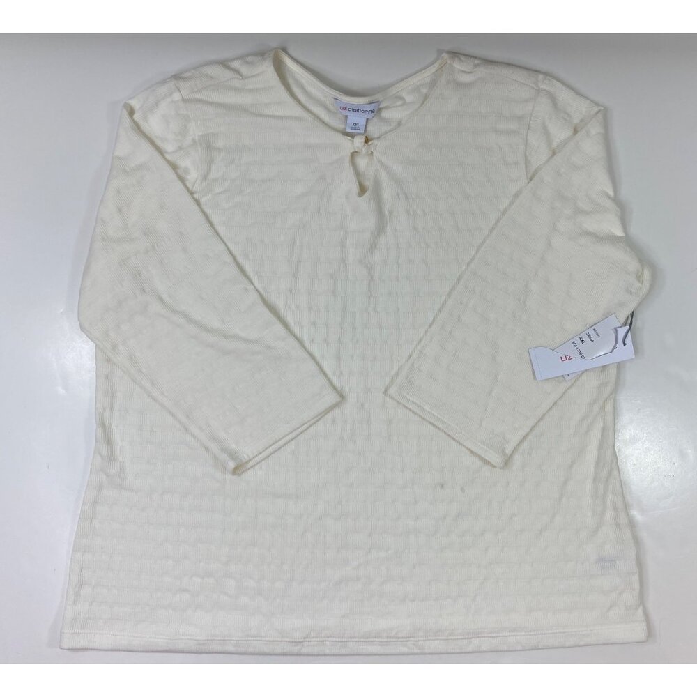 Liz Claiborne Womens Ivory Textured Knit Long Sleeve Top Gold Accent Size XXL